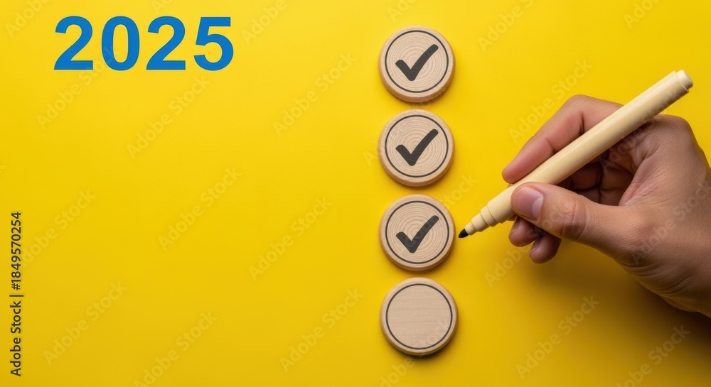 2025 Goals Checklist: Hand Completing Tasks with Pen on Yellow ...