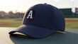 © PNG World - Textured navy blue baseball cap with a prominent white “A” emblem within a red circular patch, casually resting on a green surface with a blurred baseball field background bathed in the warm, golden