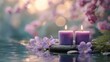 © Daria - Tranquil spa composition with glowing purple candles, spring flowers, and zen stones on water. Relaxing wellness background with soft bokeh.