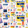 © Olexandra Simkina - Web design seamless pattern, UX, UI, project management and workflow elements with human character. Flat vector illustration on light background. Productivity planning and business process concept