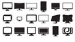 © Mr. Stocker - Collection of black computer monitor icons in various shapes and styles, including flat, curved, vertical, and abstract designs, presented as a minimalist vector graphic set