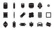 © Mr. Stocker - Set of black silhouette car filter icons showing various types of automotive parts for engine maintenance and vehicle repair, presented in a clean, minimalist graphic style