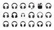 © Mr. Stocker - Collection of black headphone and earphone icons in various styles, including a headset with a microphone and wireless earbuds, presented as a minimalist glyph set for audio concepts