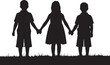 © PixelSaga MH2  - Silhouette of three children holding hands standing in a grassy field, two boys and one girl, representing friendship, unity, and childhood innocence against a clean white also transparent background