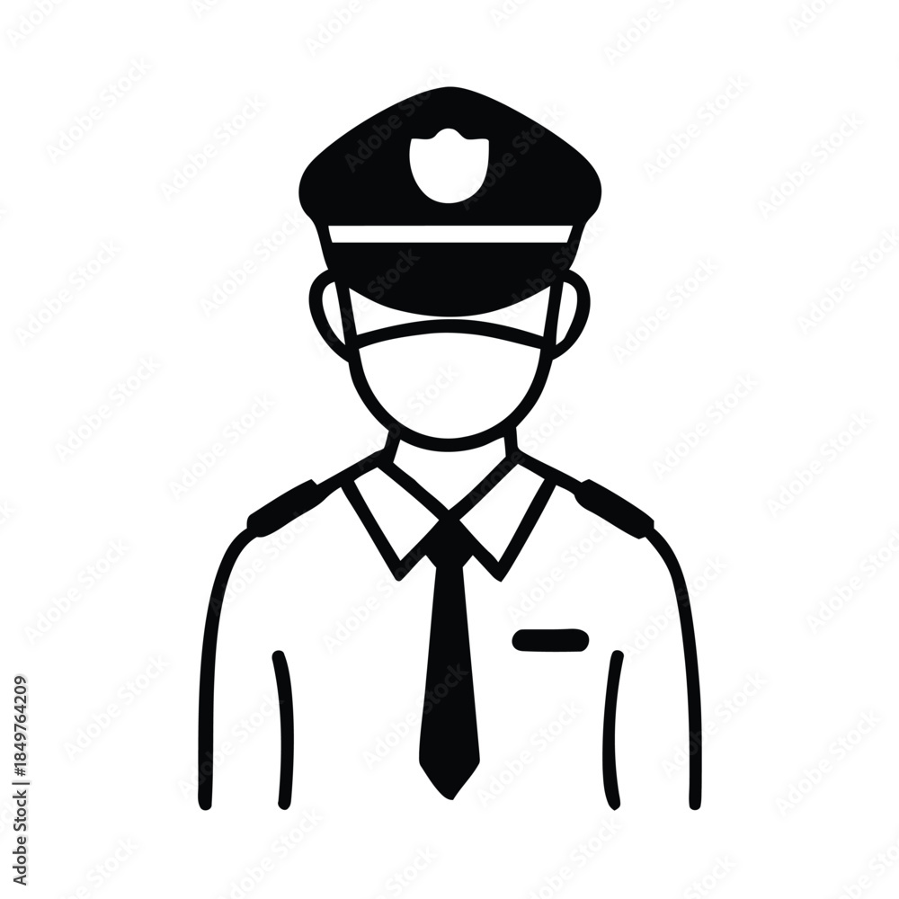 Simple black and white icon representing a uniformed security guard or ...