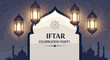 © Shakil - Iftar celebration party invitation card with glowing lanterns and a mosque silhouette under a decorative archway at night.