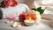 © PURPLE - Tranquil Spa Atmosphere with Roses Candle and Soft Towel.