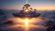© ZubayerVector - Mac wallpaper Enchanting floating island with ancient trees, glowing flora, and a divine light beam at sunrise over misty waters.