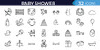 © DesignerThc - Baby shower outline icon set. Set includes stroller, crib, diaper, pacifier, baby bottle, cake, gift, toys, clothes and newborn celebration symbols
