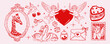 © Tasha - Hand-drawn Valentine illustration set with Cupid angels, bows, hearts, doves, giraffe, love letters, swan and dices. Romantic vintage sketch style for cards, stickers and holiday designs