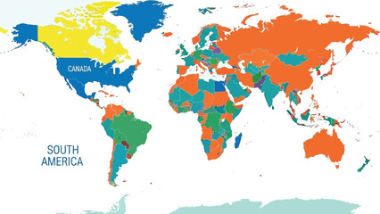  A colorful world map illustration displays different continents and countries in distinct colors, with labels for 