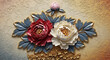 © printartist - 3D bas-relief wall art of red and white peonies with gold 3D Wall Mural. floral landscapes. 3d floral art, floral wallpaper, Luxurious textile tile wall art