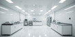 © svetograph - Cleanroom Laboratory An immaculate, sterile cleanroom with smooth white walls and pristine, reflective floors. The space is illuminated by fluorescent
