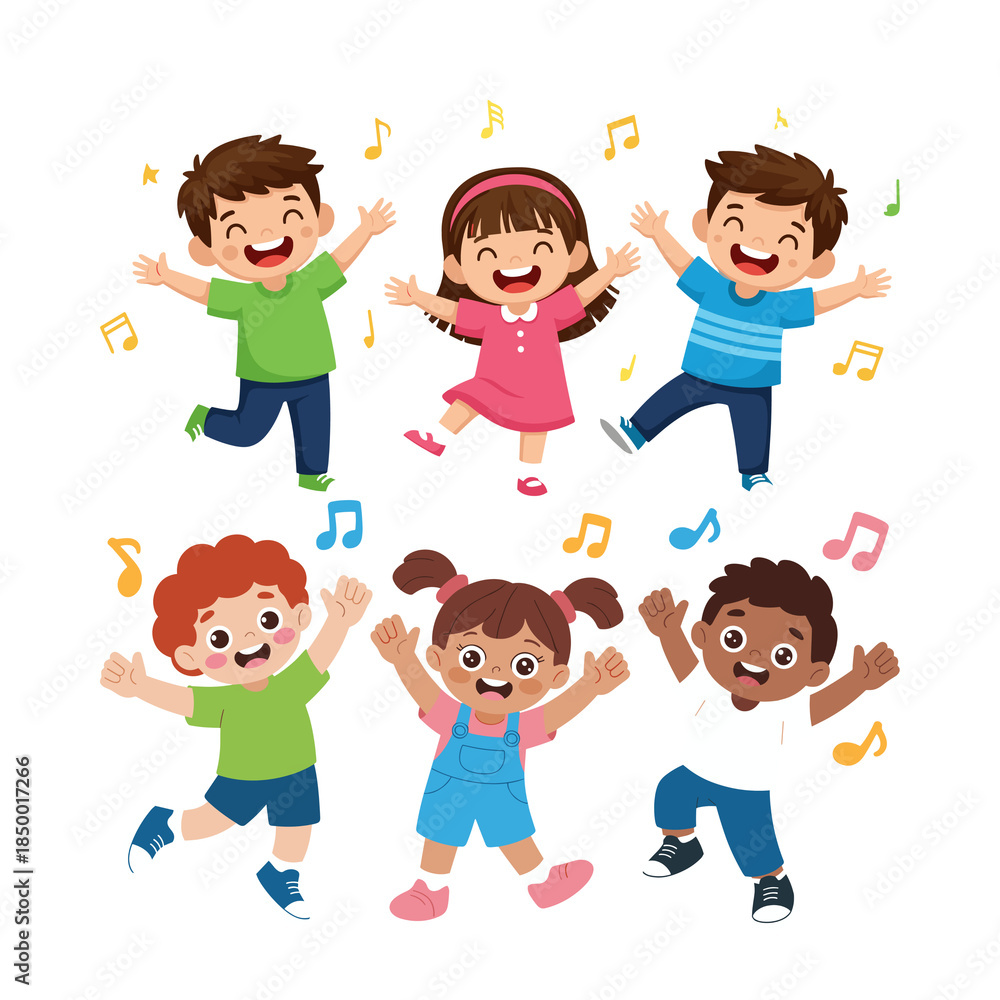 A lively illustration of happy children dancing and having fun with colorful music notes, conveying a sense of joy and playfulness.