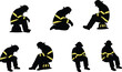© Moyuri - Firefighter silhouette illustration, seated resting pose, helmet and uniform detail, black icon, vector art, emergency fatigue, occupational gesture, reflective stripeFirefighter silhouette