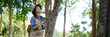 © snowing12 - Asian adult botanist researcher observes forest trees using tablet for nature ecology research outdoor