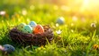 © Silvia Bogdanski - Osternest mit bunten Eiern auf Frühlingswiese