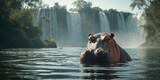 Wild hippopotamus submerged in the Zambezi River near Victoria Falls, highlighting aquatic animal behavior