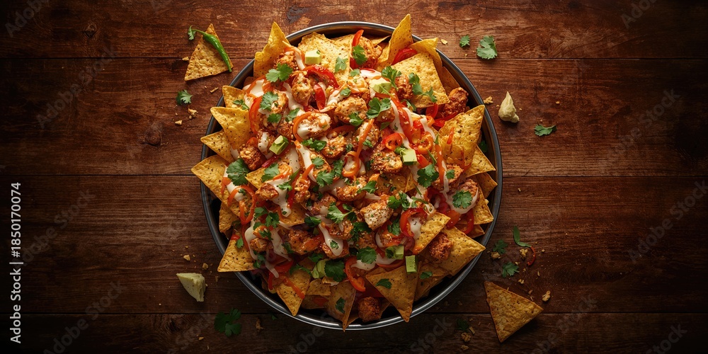 High angle shot of chicken tortilla nachos topped with cream sauce, designed for culinary display