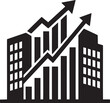 © zagrapic540 - Black silhouette of buildings with upward trending bar graph and arrows white