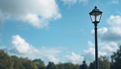  Dark-colored lamp positioned against a clear blue sky, ideal for editorial header background