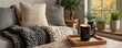 © Fat Bee - Cozy living room with grey sofa, chunky knit throw, and coffee on a wooden tray