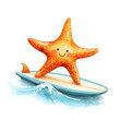 © versus - A starfish riding a surfboard in the sea. 2D watercolor pattern isolated on a transparent background.