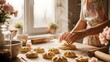© anomalicreatype - Woman preparing traditional dumplings on kitchen counter with rolling pin and ingredients.