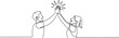 © firoz - Continuous line drawing of two people clapping high five gesture. Business teamwork success sketch art editable stroke vector illustration. one line Icon drawing