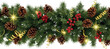 © Imane - Festive winter garland with lush green pine branches, rustic brown pine cones, and vibrant red berries, lightly dusted with white snow, perfect for holiday season decorations