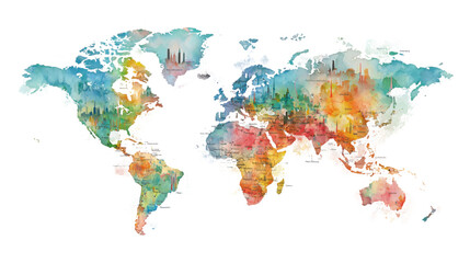 Naklejka na meble Colorful watercolor world map illustration showing global continents, travel destinations, geography education and artistic design concept isolated on white background