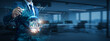 © AD - Businessman hand hold global Stock Market network and data, trading analytics, investment trends, financial growth indicators, economic performance concept