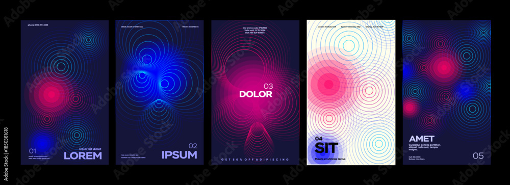 A set of five abstract posters featuring vibrant concentric circles in ...