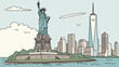 © Teguh - New york skyline featuring the statue of liberty perfect for travel blogs, city guides, tourism promotions, and editorial publications.
