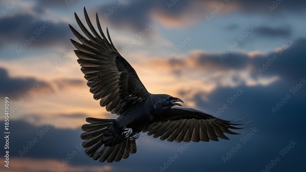 Raven in flight with wings fully spread, dramatic sky backdrop with ...