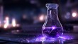 © Yuliia - Glass laboratory flask with glowing purple liquid on dark surface with bokeh lights background for science and chemistry concepts.