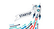 © Abir - An astronaut riding a launching rocket with a 'STARTUP' banner, flying over upward-pointing arrows to symbolize business growth.