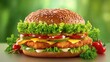 © SUDA - Fresh and Delicious Chicken Burger with Lettuce, Tomato, Pickles, and Cheese on a Wooden Surface