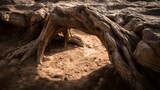 Sunlit Archway of Tree Roots in Arid Landscape.