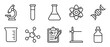 © Mr. Stocker - Ten science and chemistry laboratory icons featuring a microscope, test tube, flask, atom, DNA, beaker, and molecule in a simple black outline vector illustration style