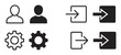 © Mr. Stocker - Set of black user interface icons including user profile, settings gear, login, and logout symbols, with each icon presented in both a thin line art style and a solid filled silhouette version