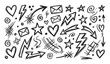 © Mr. Stocker - Hand drawn black doodle elements set with hearts, stars, arrows, lightning bolts, and scribbles in a sketchy, chaotic, and energetic style for graphic design and creative projects