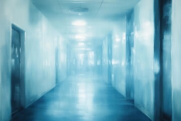  Empty sterile hospital corridor with closed doors, bluish fluorescent lights, reflective floor and a blurred, eerie, lonely atmosphere