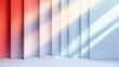 © zong - Minimalist interior with vertical folded panels, warm red to cool blue gradient light and diagonal shadow beams, modern tranquil and airy atmosphere
