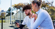 © peopleimages.com - Conversation, phone and sports tracking with friends outdoor for fitness or skills development. App, exercise and health tracker with people speaking on tennis court for mobile progress update