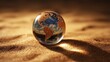 © florynstudio3 - A clear glass sphere, with the earth subtly reflected within, rests upon a bed of golden sand. It casts a shadow emphasizing the spherical shape