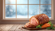 © javu - Roasted beef roast with sliced meat carrots and winter herbs by window food warm seasonal
