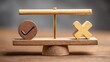 © Tanvir - Wooden scale with positive check mark, negative cross mark. Concept represents making right decision, comparing pros cons, evaluation. Weighing good bad. Business planning.