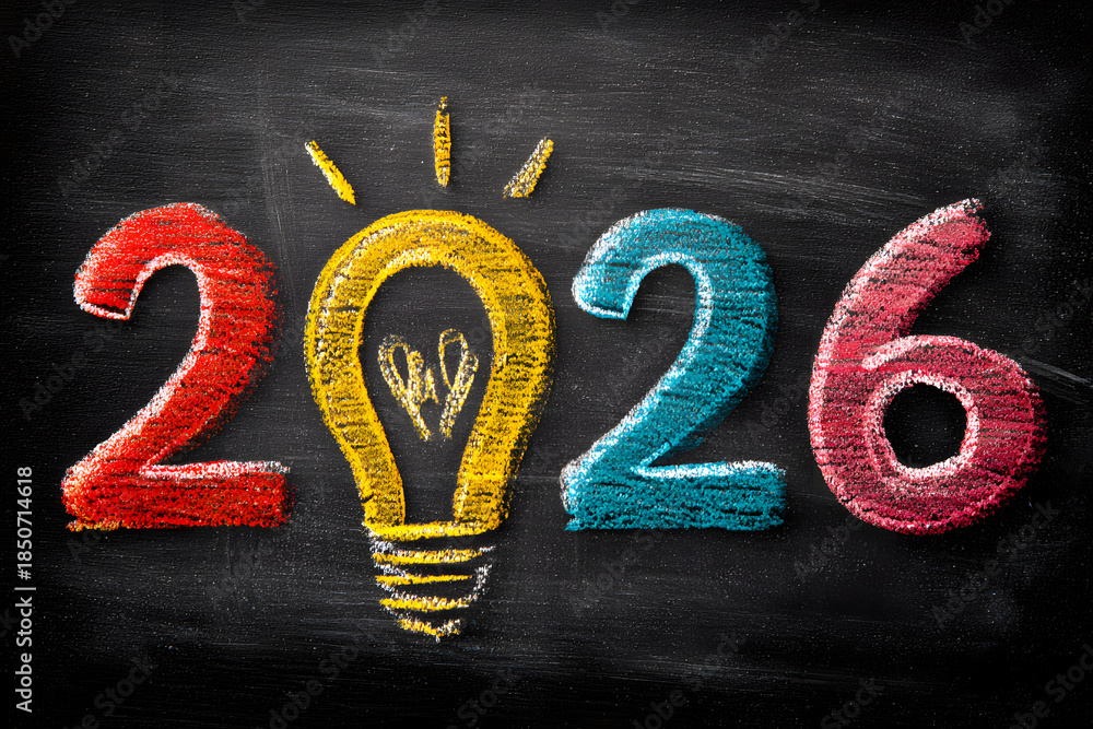 Chalk drawing displays the year 2026 with a colorful light bulb ...