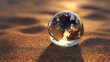 © florynstudio3 - A transparent sphere sits on textured sand, reflecting a fiery sunset and fluffy clouds. The sun's light bathes the scene in warm hues